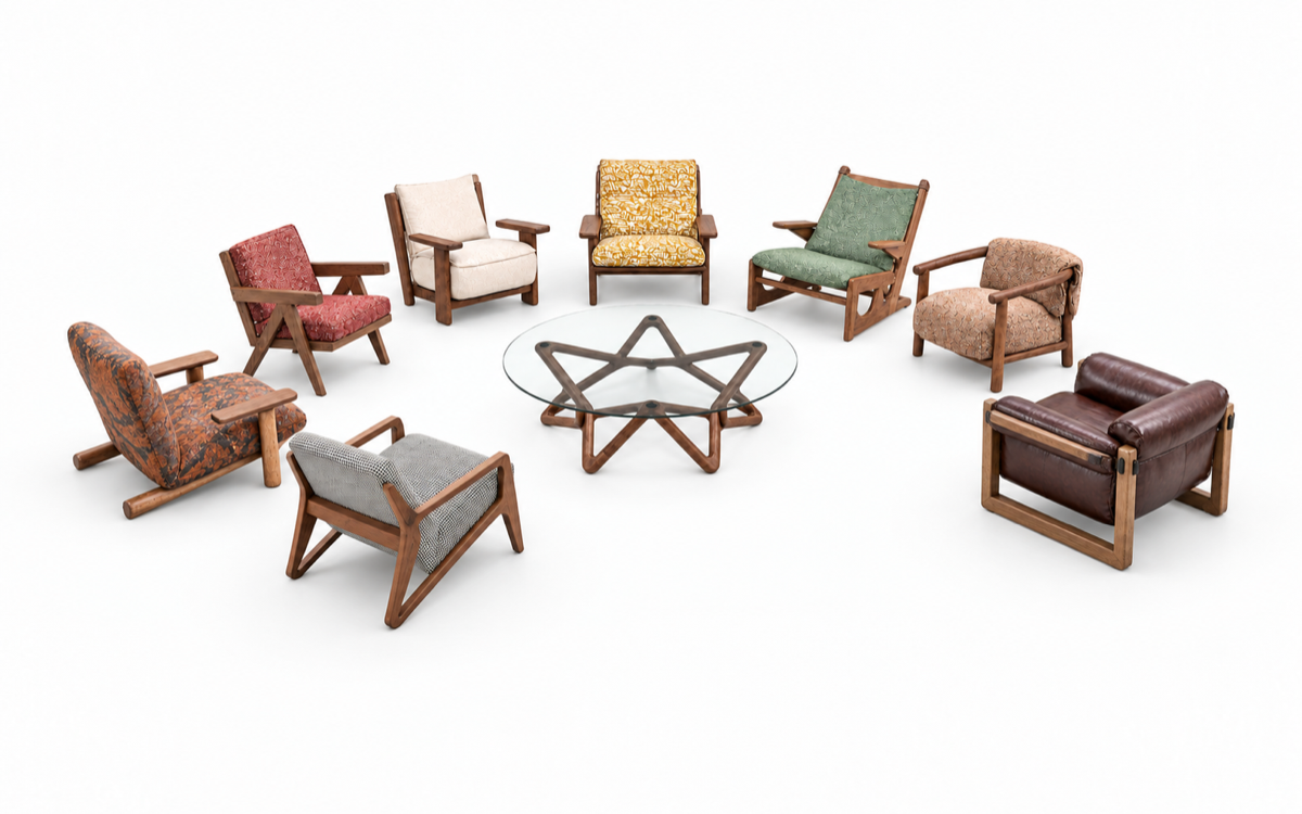 Wooden chairs and cushioned seating around a glass table
