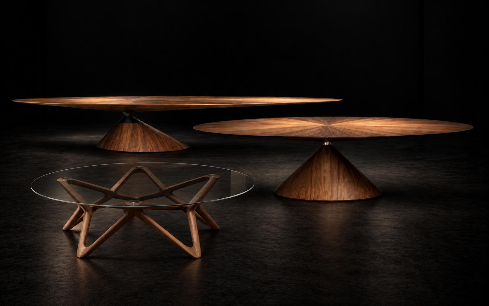 Sculptural wood and glass tables