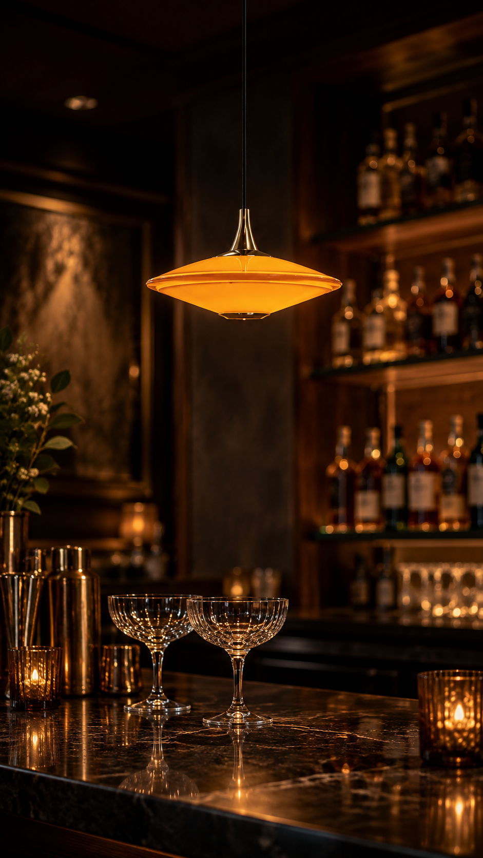 Orange glass pendant glowing above cocktail glasses on a dark marble bar