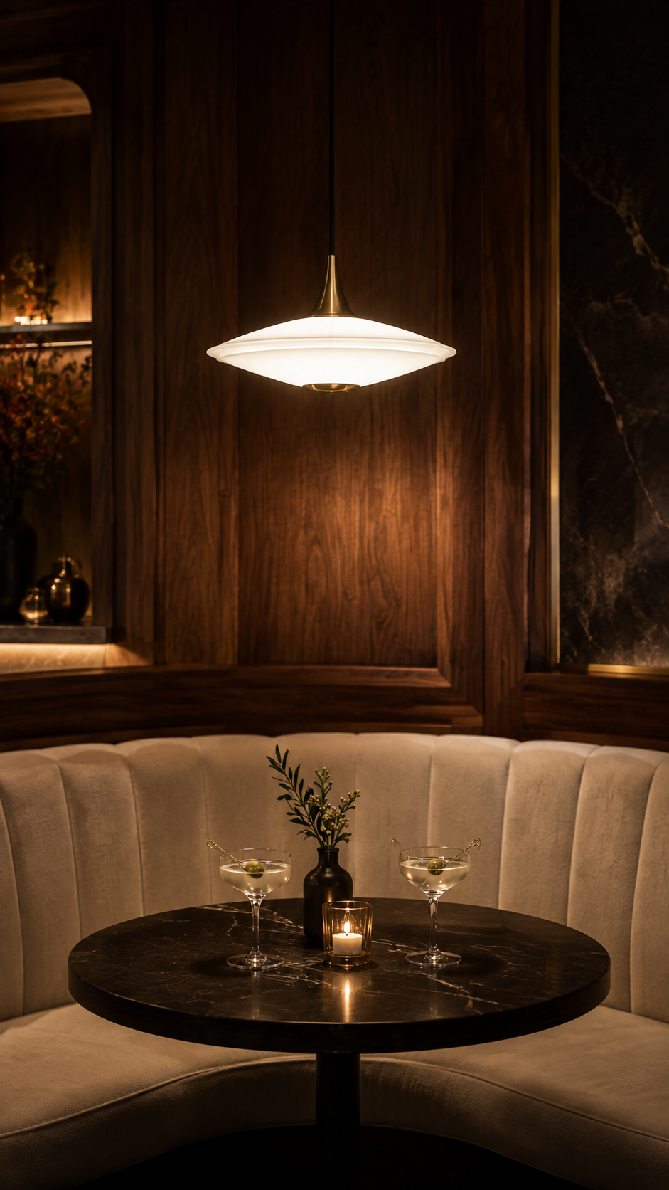 White glass pendant softly lighting an intimate bar lounge with an ivory banquette