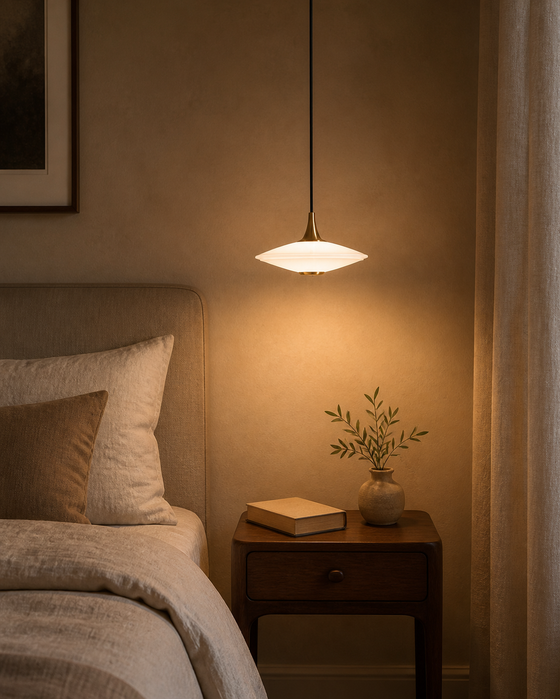 White saucer pendant suspended over a walnut bedside table beside a linen bed