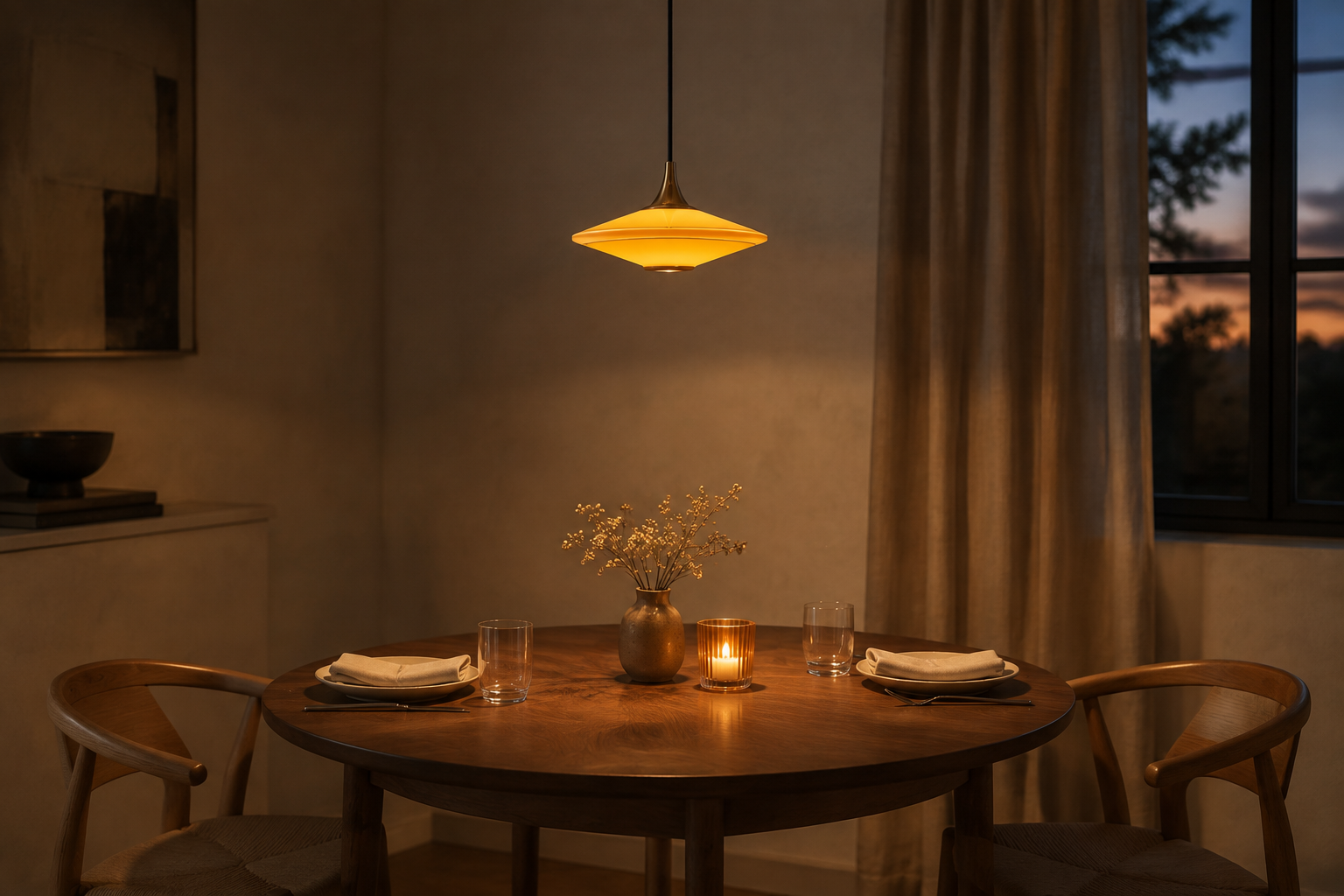 Compact orange glass pendant above a round walnut dining table at dusk