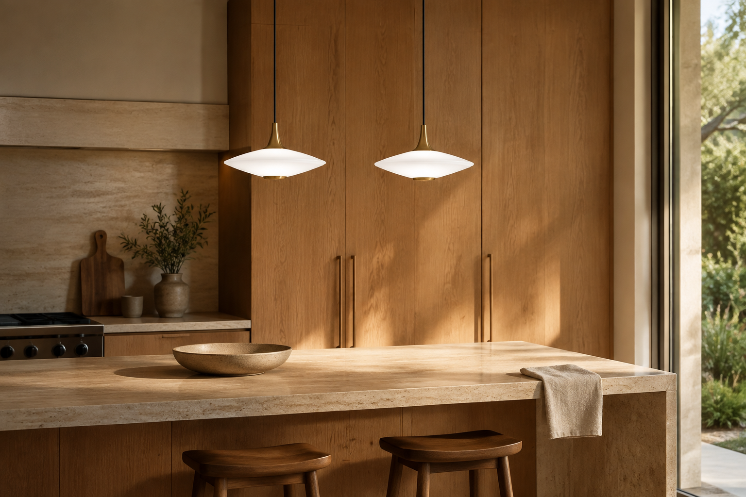 Two matching compact white pendants above a travertine kitchen island with oak cabinetry