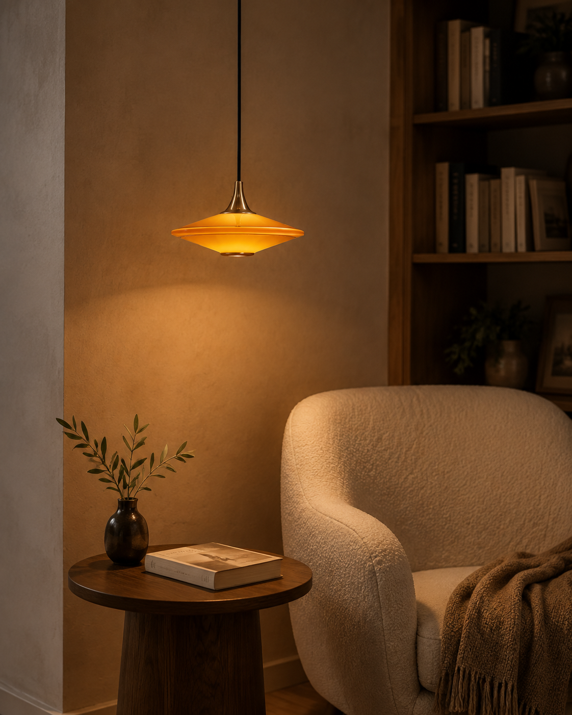 Orange saucer pendant illuminating a side table beside an ivory reading chair