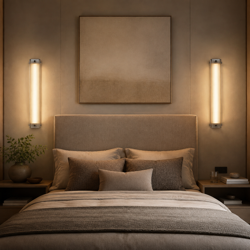 Wall lights beside a bed