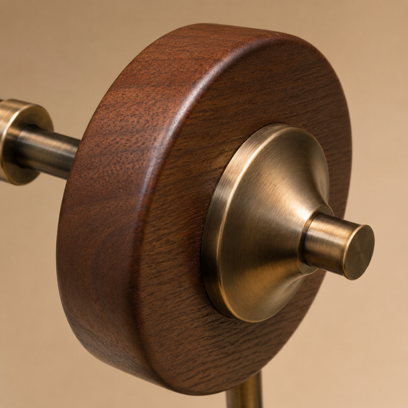 Close-up of walnut grain and antique-brass lamp hardware