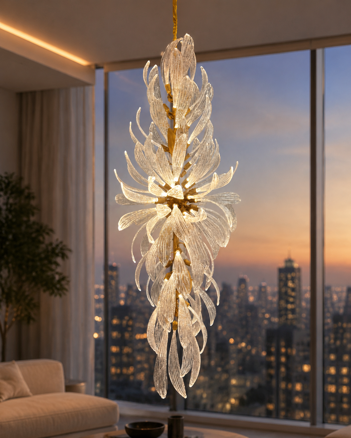 Vertical glass-leaf chandelier glowing beside penthouse windows at sunset