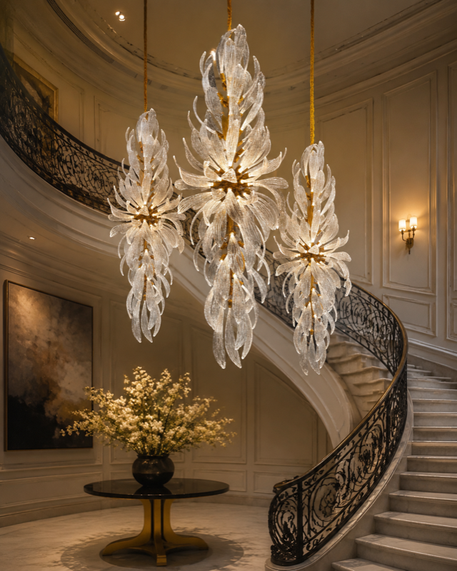 Three vertical glass-leaf chandeliers hanging in a grand foyer beside a curved staircase