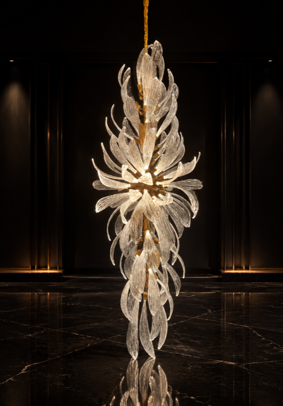 Vertical glass-leaf chandelier reflected in a dark marble floor