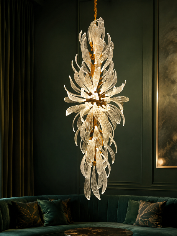 Vertical glass-leaf chandelier above an emerald velvet sofa in a dark green lounge
