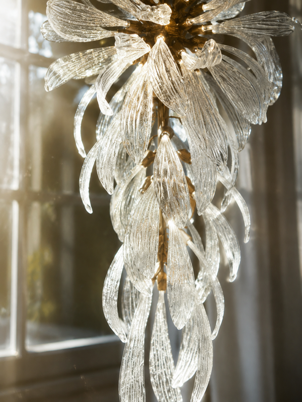 Sunlight catching the ridged glass leaves and golden-toned centre of a vertical chandelier