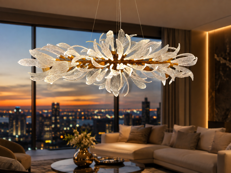 Horizontal glass-leaf chandelier above a penthouse lounge overlooking the city at dusk