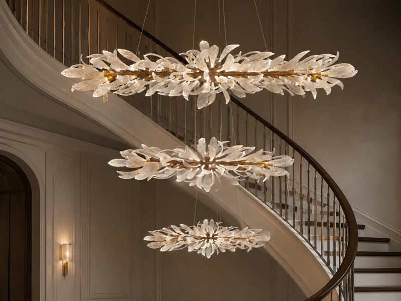 Three horizontal glass-leaf chandeliers suspended beside a sweeping staircase