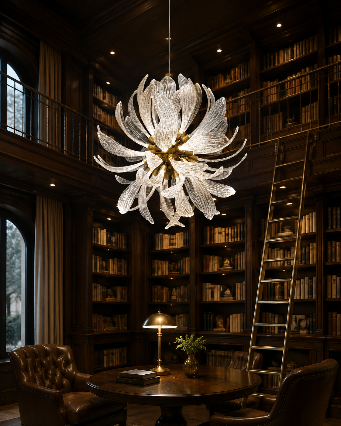 Round glass-leaf chandelier above a reading table in a tall wood-panelled library