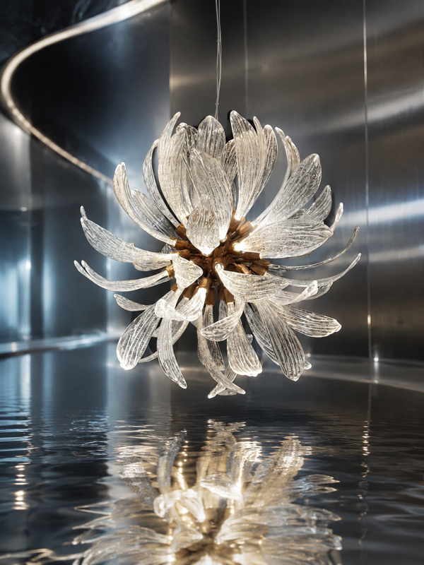 Round glass-leaf chandelier reflected in water inside a mirrored pavilion