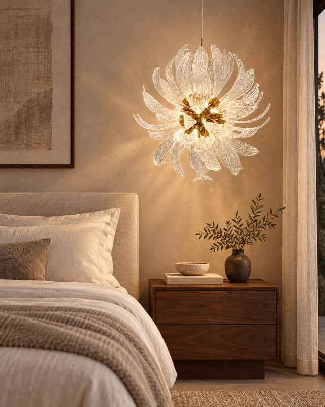 Round glass-leaf chandelier glowing beside an ivory linen bed and walnut bedside table