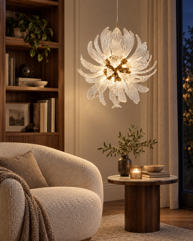 Round glass-leaf chandelier above a side table beside an ivory armchair and walnut bookcase