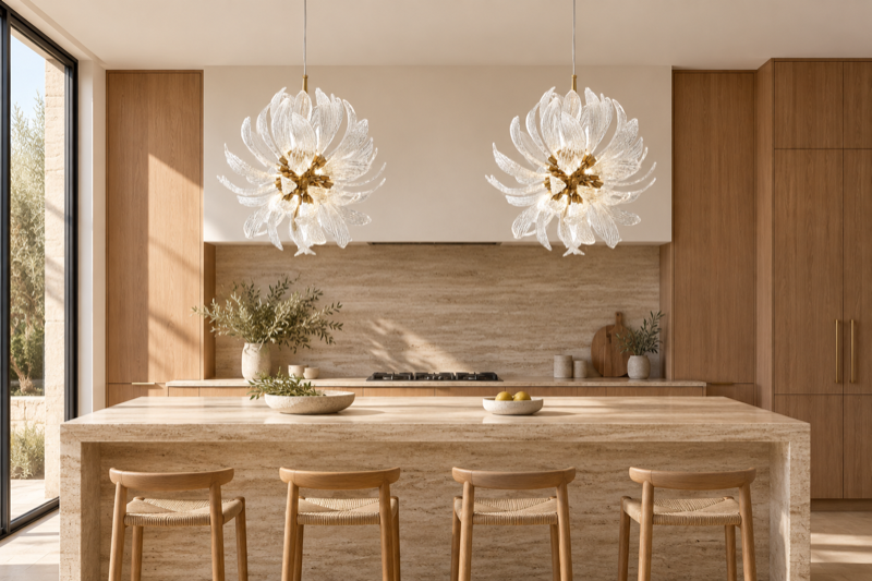 Two round glass-leaf chandeliers above a travertine kitchen island with oak cabinetry