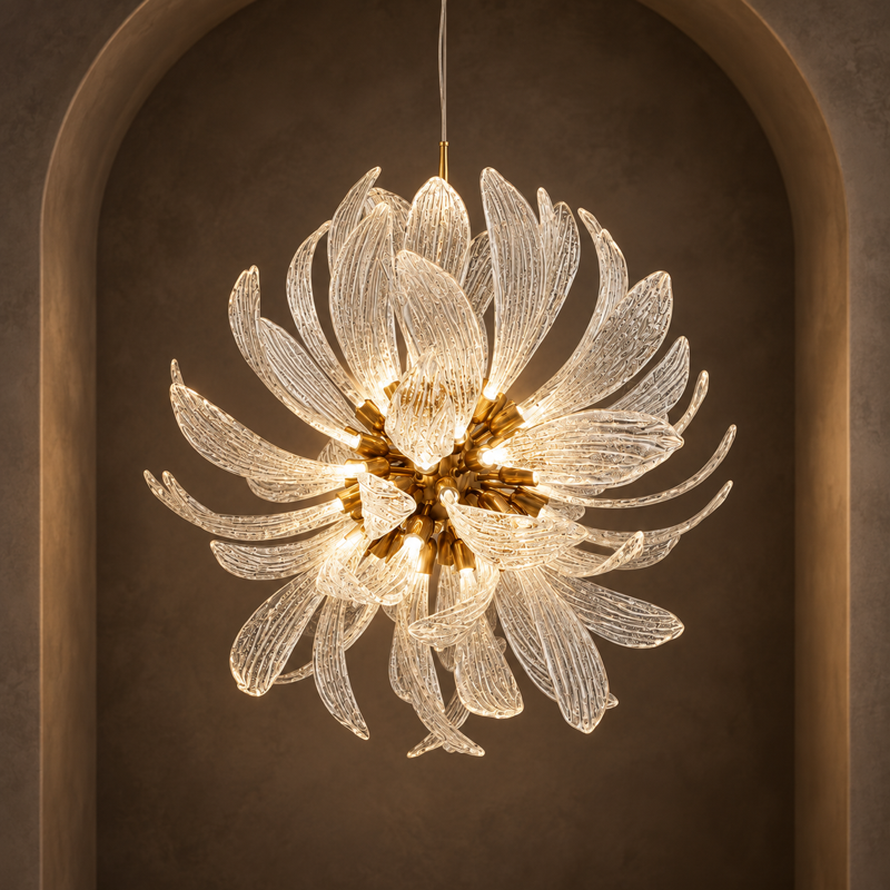 Complete round glass-leaf chandelier glowing in a warm plaster alcove
