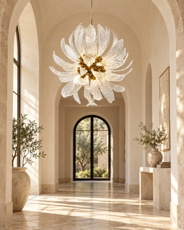 Round glass-leaf chandelier suspended in a sunlit arched stone hallway