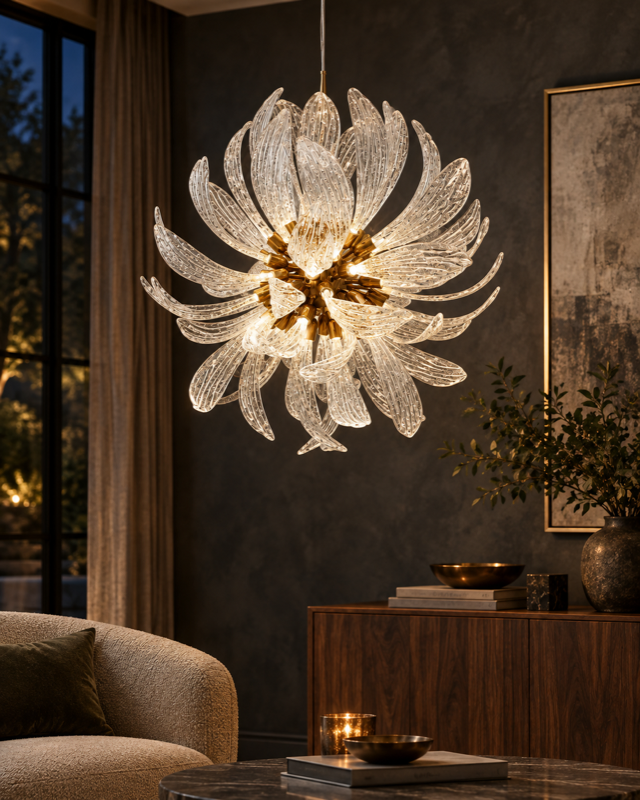 Round glass-leaf chandelier glowing against charcoal plaster in an evening salon