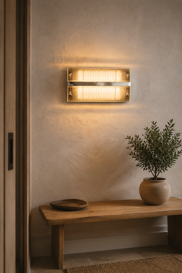Lumen Vault light above an oak entry bench