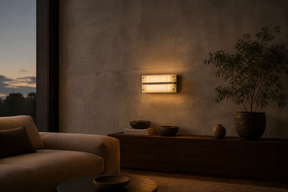 Lumen Vault light in a cozy living room at dusk