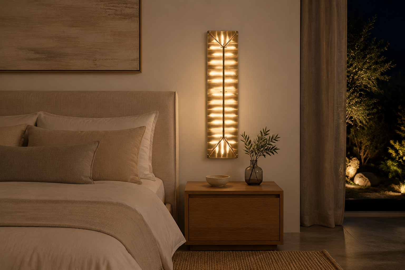 Aurora Lattice Wall Light beside a linen bed