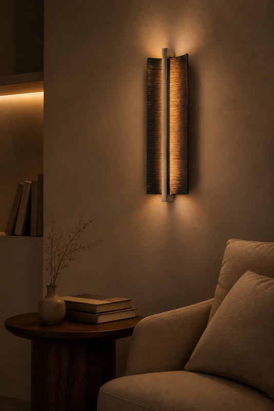Aurelia wall light beside a calm neutral bed