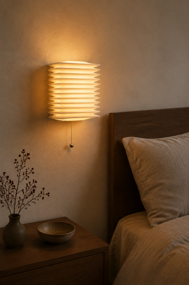 Pull-chain LumaFold wall light beside a cozy bed