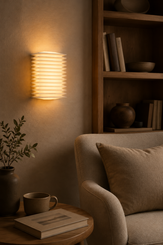 Standard LumaFold wall light in a cozy reading corner