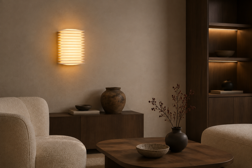 LumaFold wall light in a cozy modern living room