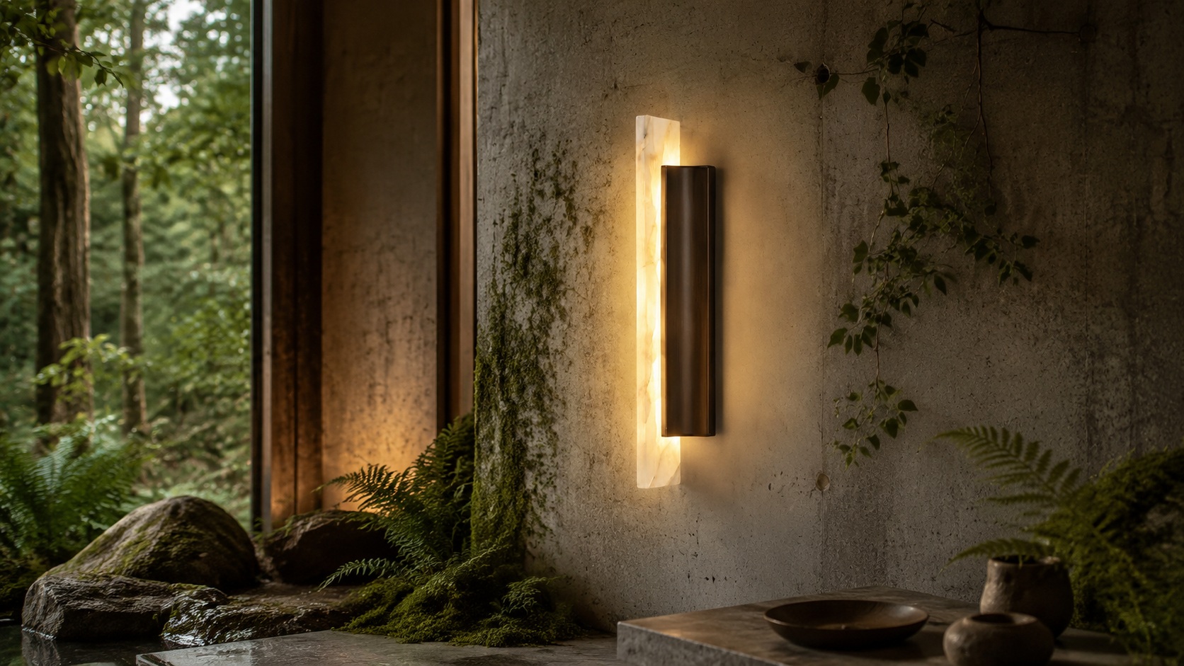 Cloudstone Halo Wall Light on a moss-touched concrete wall