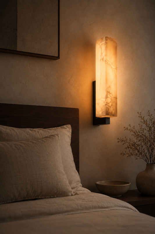 Aureum wall light beside a cozy bed