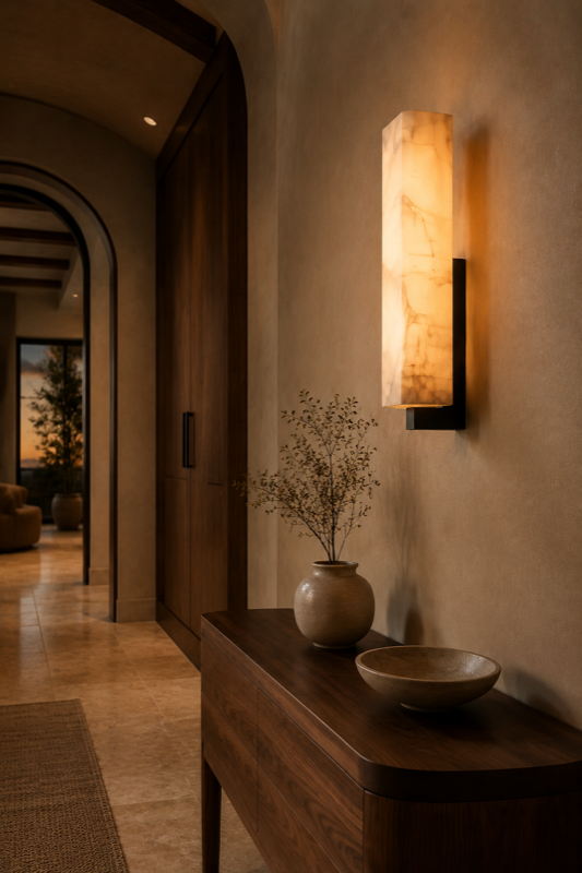 Aureum natural stone wall light in an arched hallway