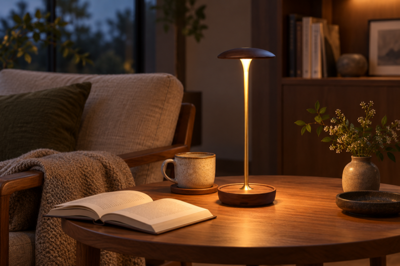 Arbor Halo lamp in a cozy evening reading nook