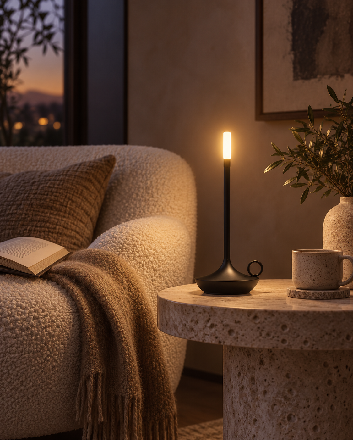 Graypants Wick lamp on a premium natural-stone table