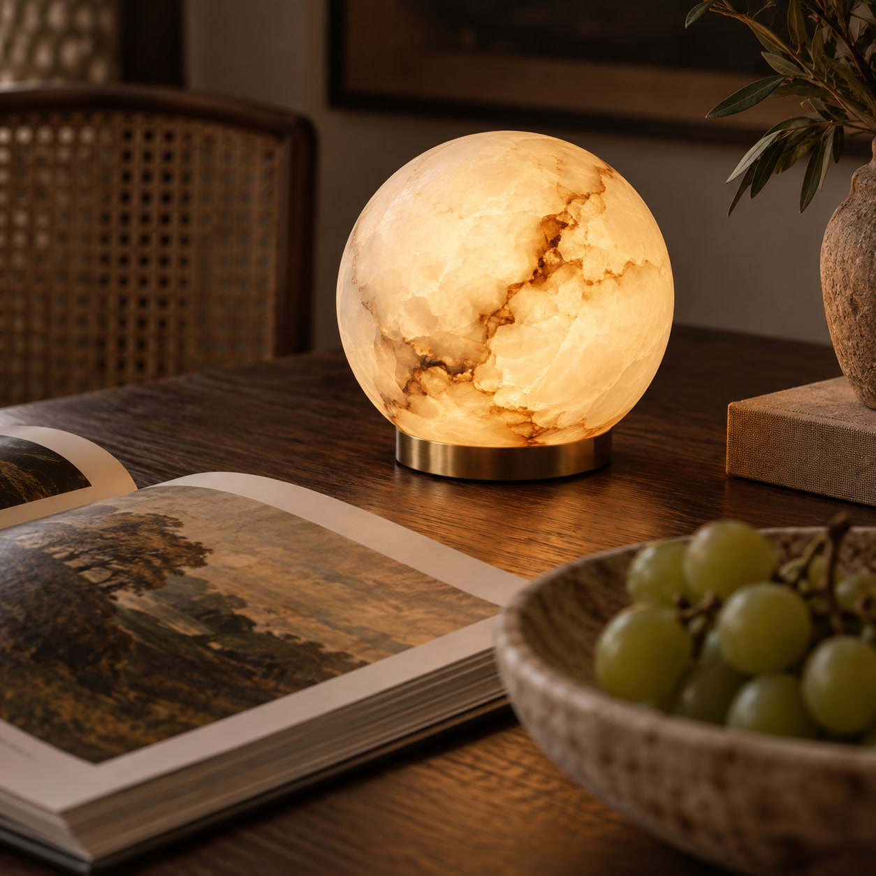 Alabaster lamp beside an art book