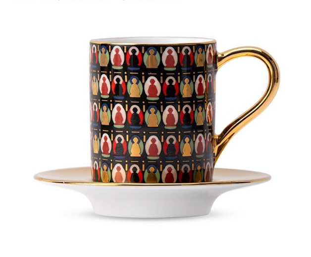 Onyx and gold-tone Dunhuang cup with rows of colourful seated figures and a matching saucer