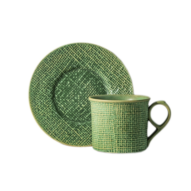 Moss Green coffee cup with a matching textured saucer