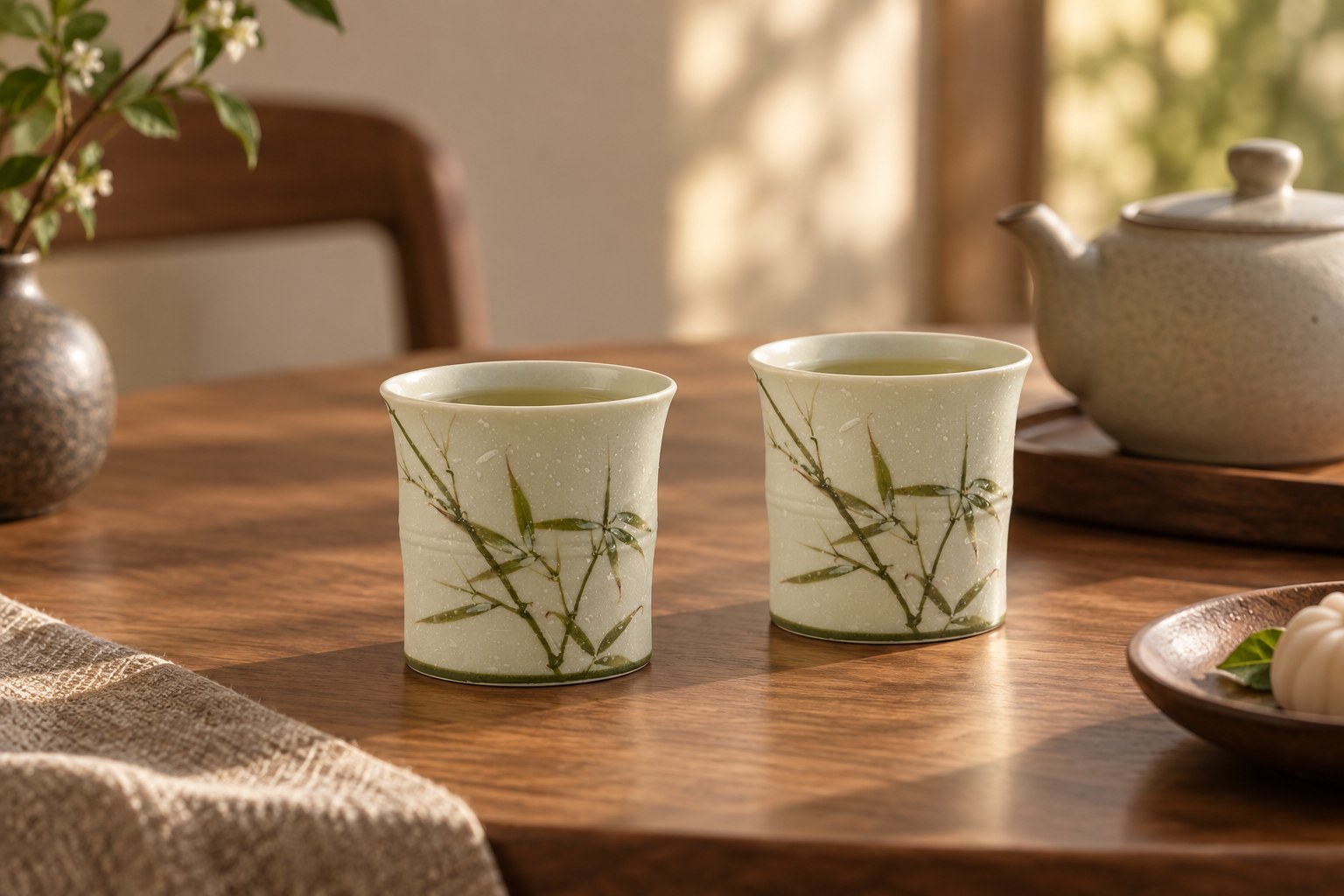 Two Bamboo Leaf Tea Cups set for tea on a walnut table