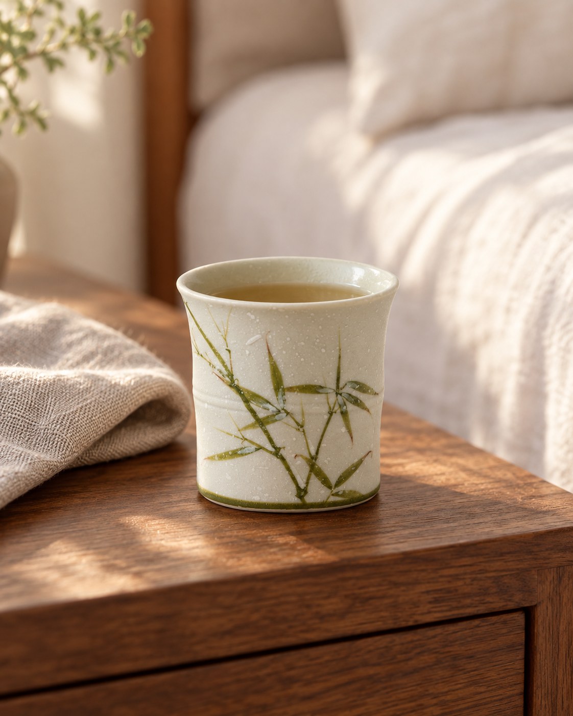 Bamboo Leaf Tea Cup on a bedside table beside cream linen