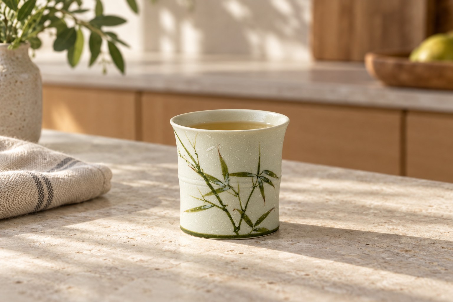 Bamboo Leaf Tea Cup on a sunlit kitchen counter