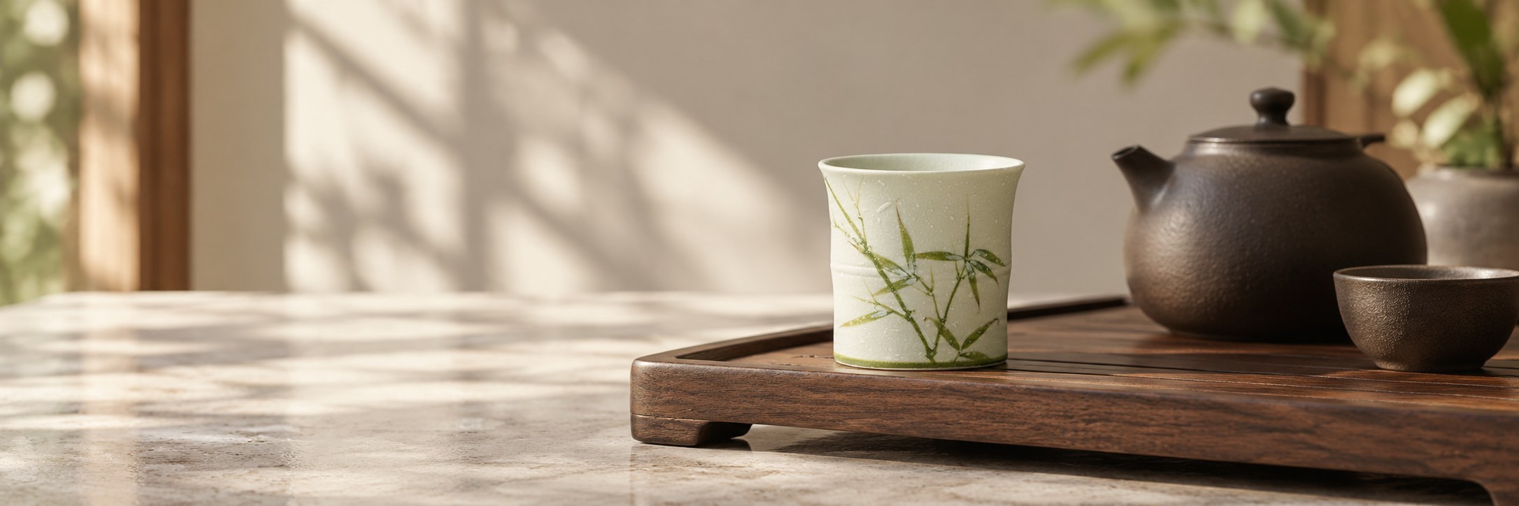 Bamboo Leaf Tea Cup and dark teapot on a walnut tea tray
