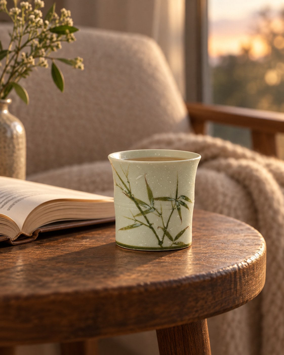 Bamboo Leaf Tea Cup beside an open book in a reading corner