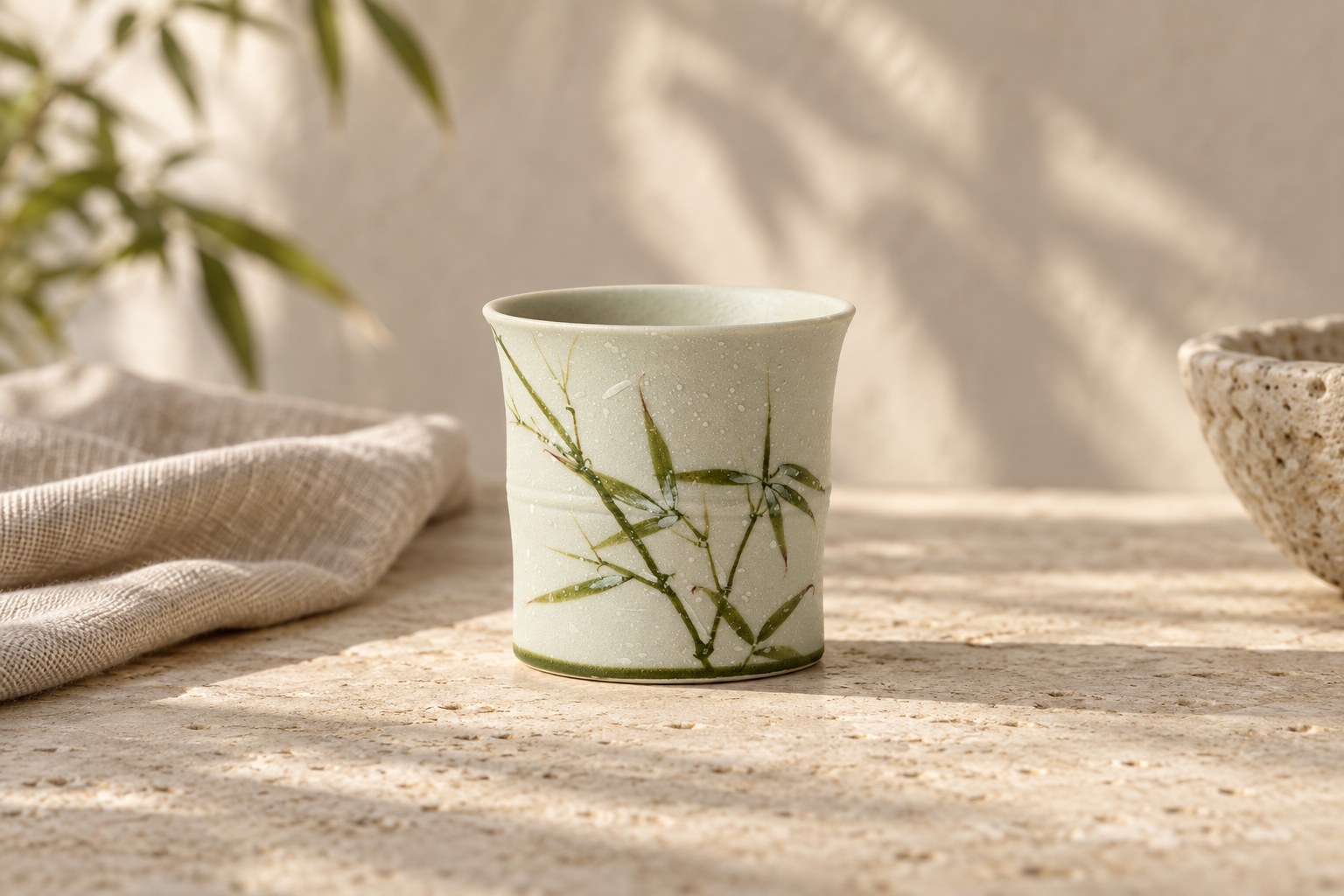 Bamboo Leaf Tea Cup on a sunlit stone table